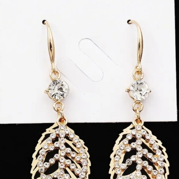 Gold-plated crystal double Leaf Drop earrings with silver post BOGO - Picture 9 of 14